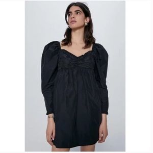 COPY - NWT ZARA | Black Poplin Embroidered Puff Sleeve Mini Dress | S